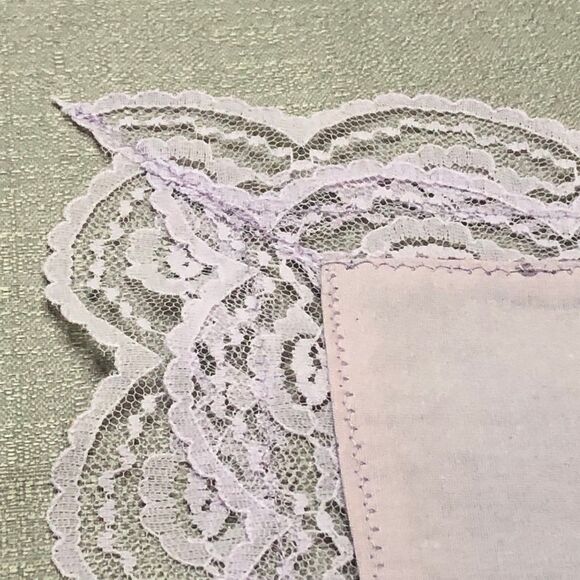 Vintage 1960s Handmade Ladies Lacy Handkerchief in Lavender w/Ribbon & Beads - Picture 7 of 9